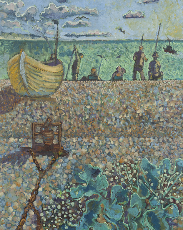 Four fishermen at Dungeness with yellow boat 80x100cm